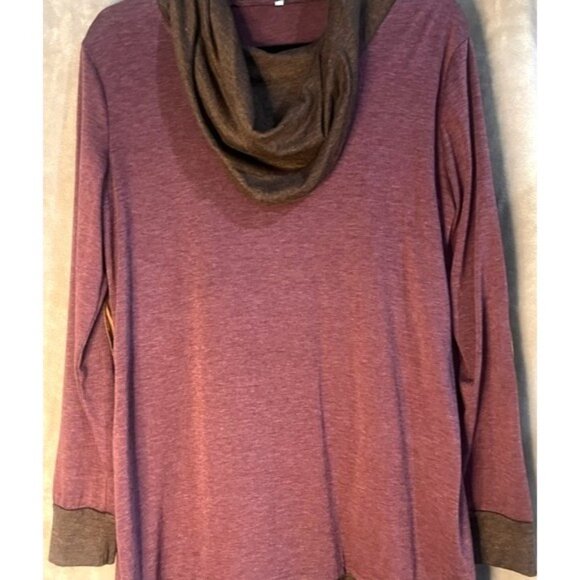 Womens Long Sleeve Cowl Neck Scarf Top Purple Plum Brown Heathered Elbow Patch - Picture 2 of 11